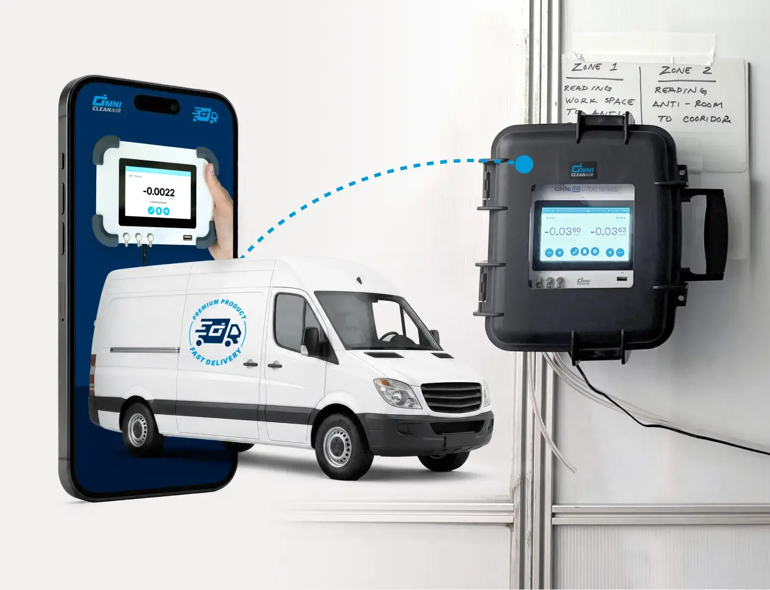 shipping van drives out of phone screen towards an image of a mounted Omni IQ G720 installed on a hospital jobsite