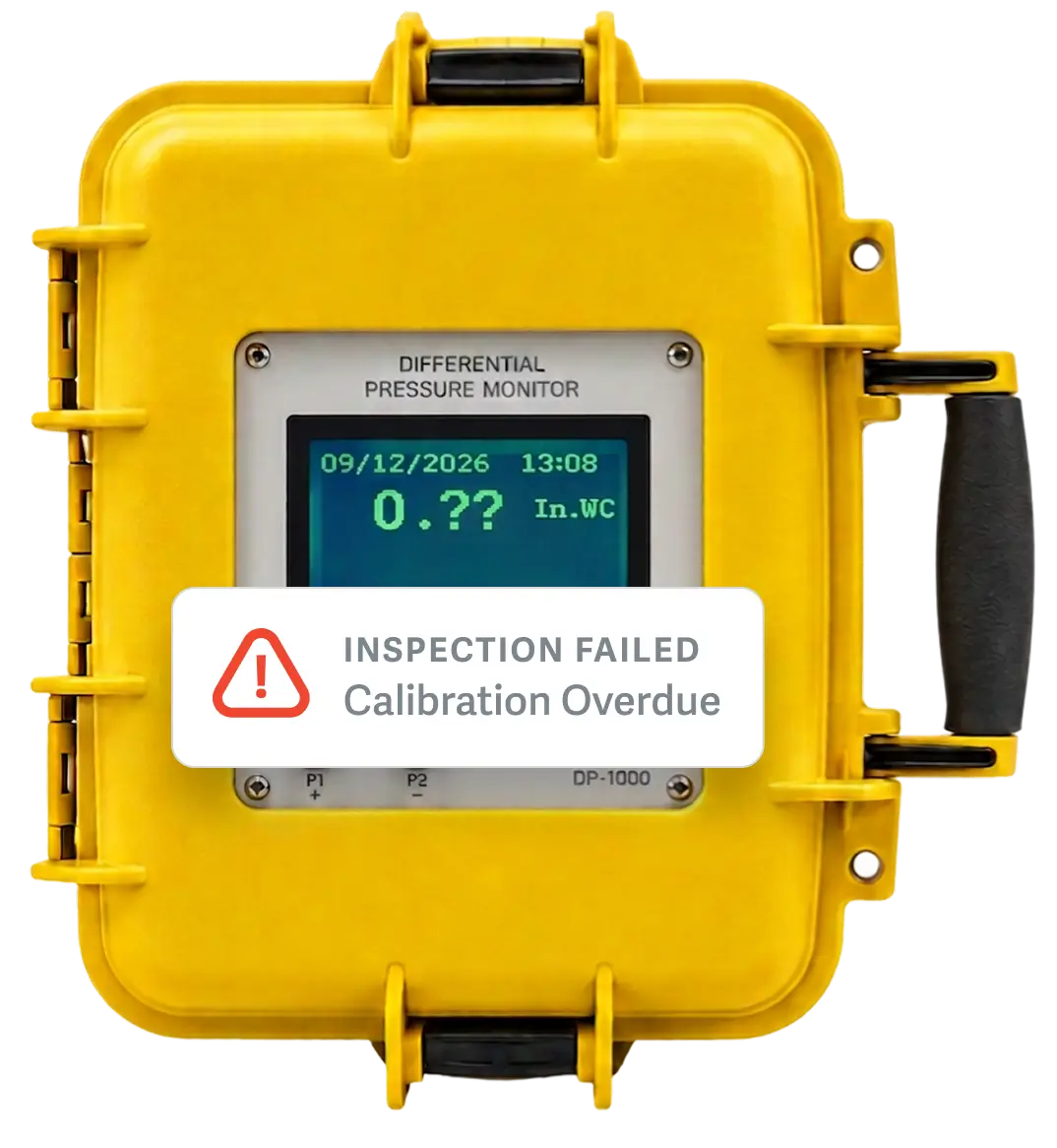differential pressure monitor with digital screen showing question marks instead of numbers. There is a notification-style overlay on the image that says "Inspection Failed: Calibration Overdue"