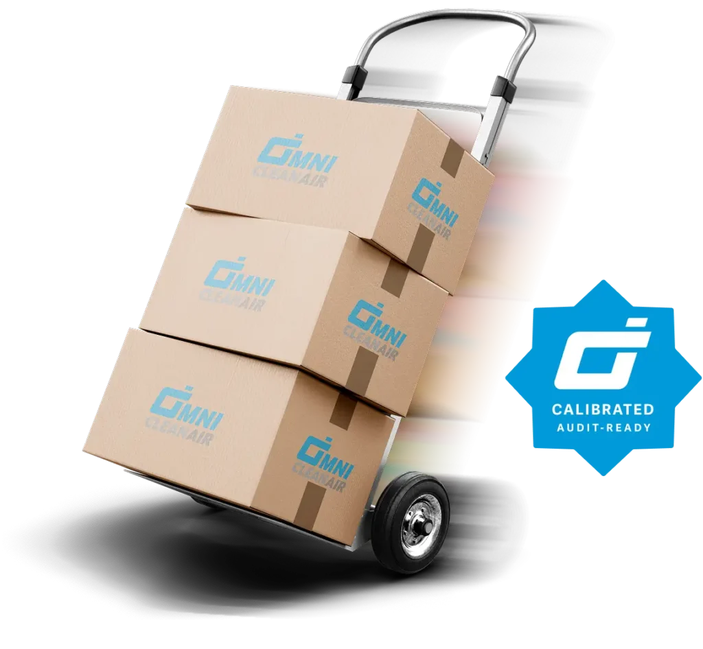 hand trolley with stack of 3 Omni CleanAir boxes on it, speeding forward